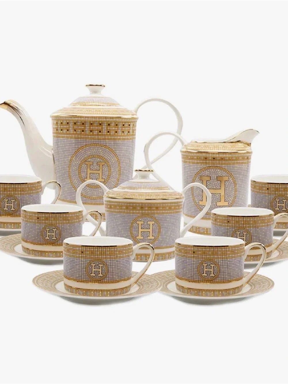 Luxury Gold White Porcelain Tea Set with Monogram H - 6 Cups, service for 6